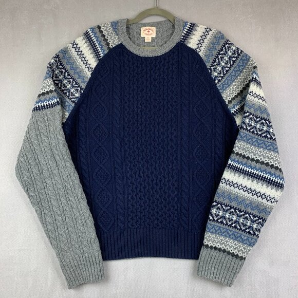 Brooks Brothers Men Sweater XL Blue Fair Isle Crewneck Wool Fisherman Cable Knit - Picture 1 of 6